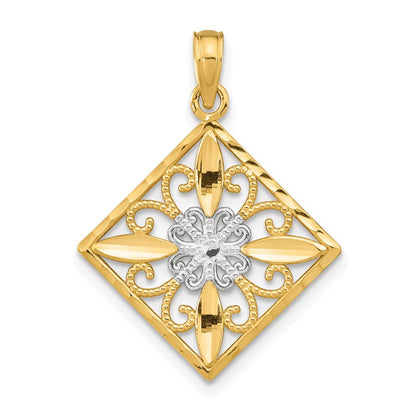 14K Gelb & Rhodium mit Rhodium Blume und Kreuz Quadratisch Charm
