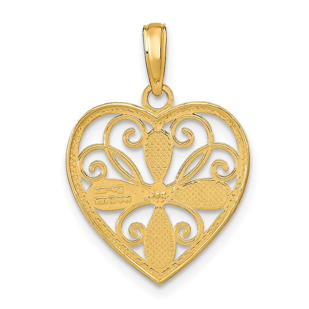 14K Gelb & Rhodium mit Rhodium Strukturiert Filigran Herz Charm