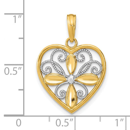 14K Gelb & Rhodium mit Rhodium Strukturiert Filigran Herz Charm