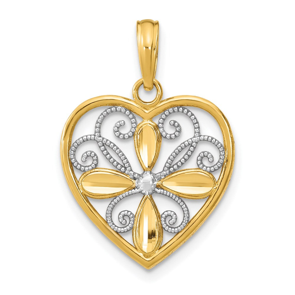 14K Gelb & Rhodium mit Rhodium Strukturiert Filigran Herz Charm