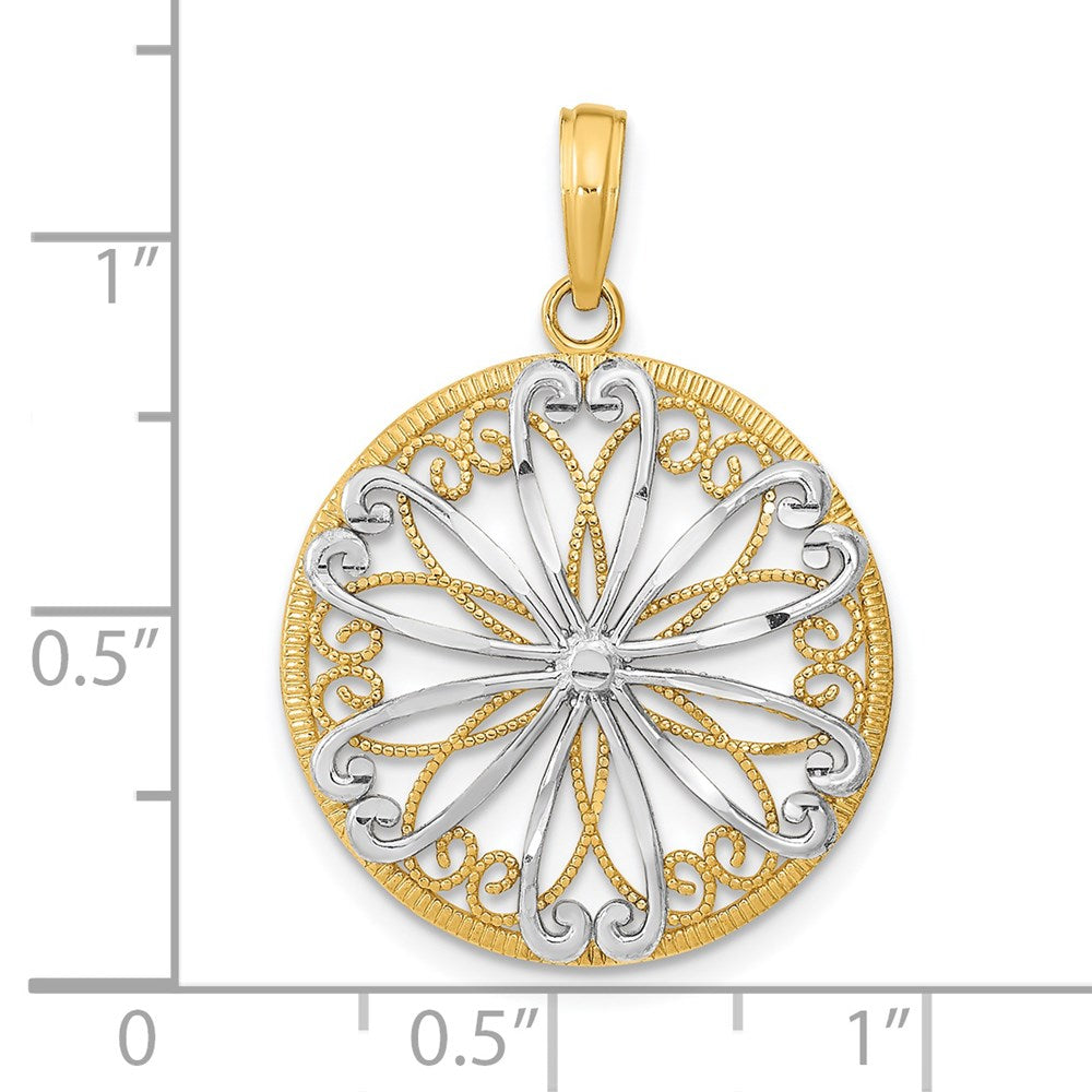 14 Karat Gelb- und Rhodiumgold mit Rhodium-Filigran-Mittelteil Rund-Charm