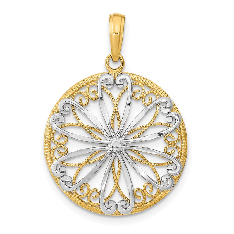 14 Karat Gelb- und Rhodiumgold mit Rhodium-Filigran-Mittelteil Rund-Charm