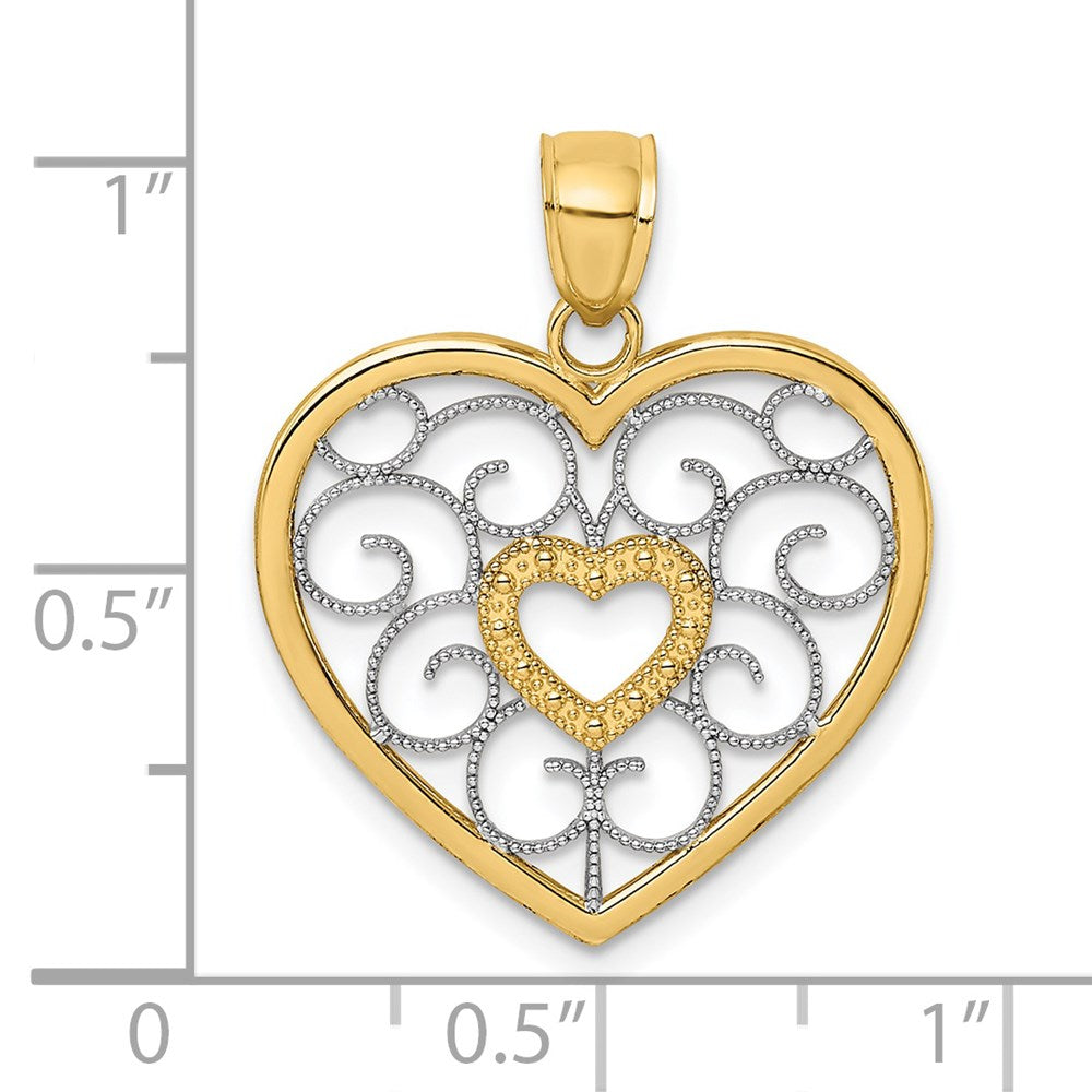 14K Gelbgold mit Rhodium-Filigran-Herzcharm