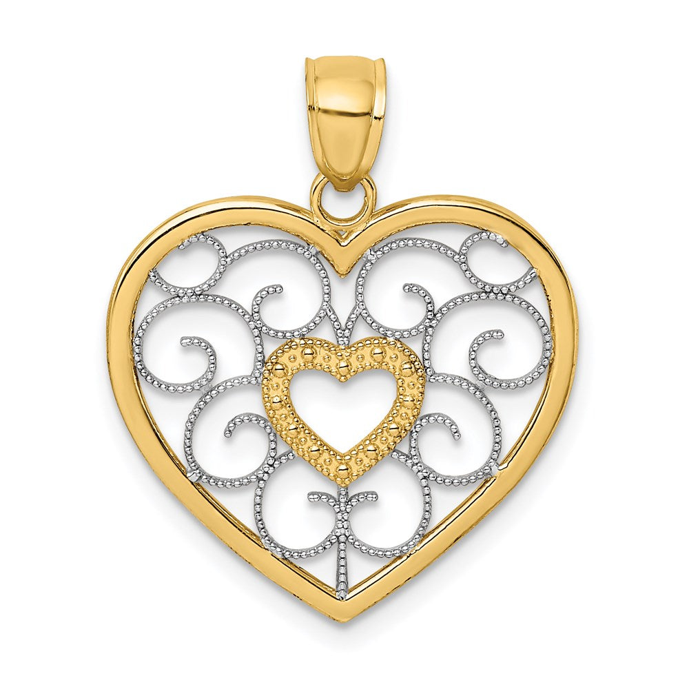 14K Gelbgold mit Rhodium-Filigran-Herzcharm