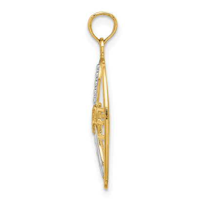 14K Gelb & Rhodium mit Rhodium Strukturiert Hoffnung mit Schleife Charm