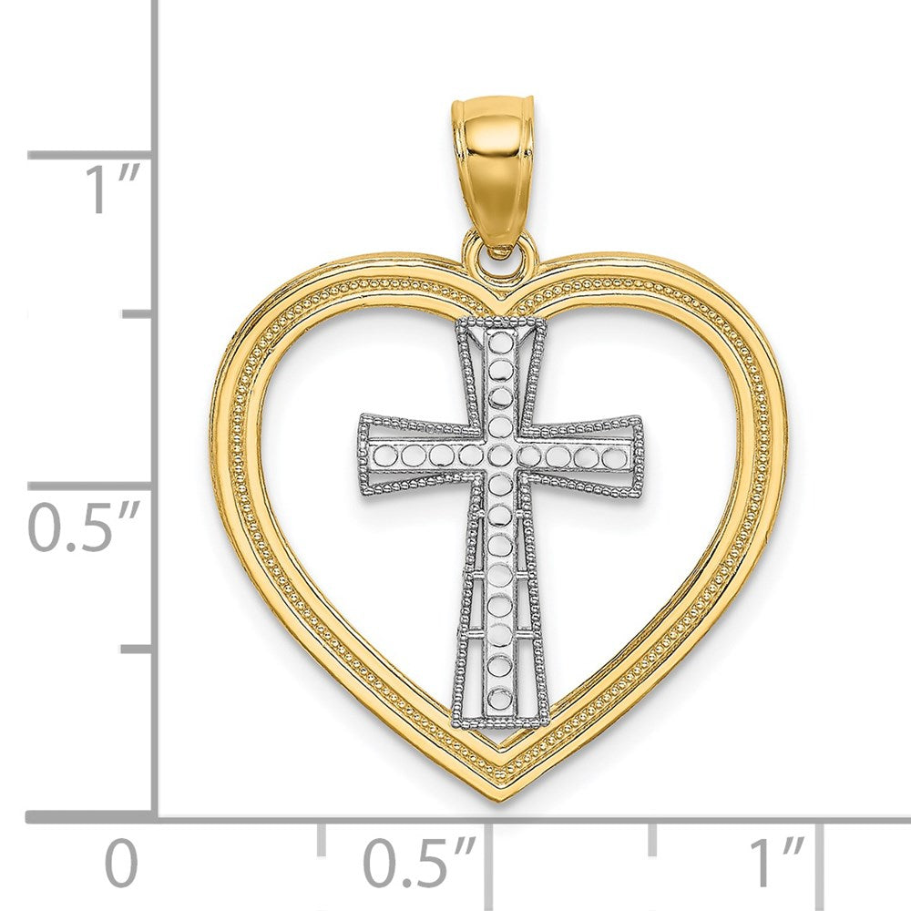 14K Gelbgold & Rhodium & Weißes Rhodium Herz-Charm mit weißem Kreuz in der Mitte