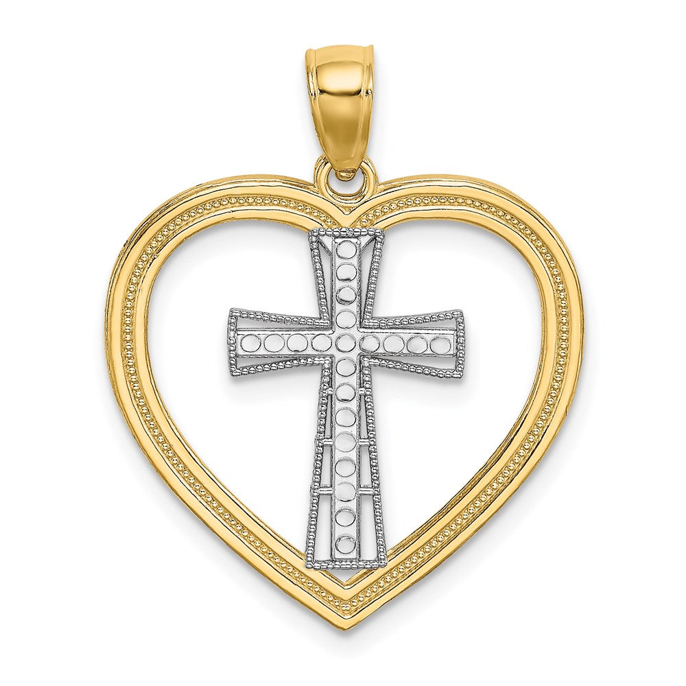 14K Gelbgold & Rhodium & Weißes Rhodium Herz-Charm mit weißem Kreuz in der Mitte