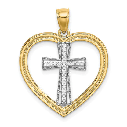 14K Gelbgold & Rhodium & Weißes Rhodium Herz-Charm mit weißem Kreuz in der Mitte