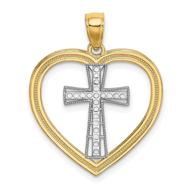 14K Gelbgold & Rhodium & Weißes Rhodium Herz-Charm mit weißem Kreuz in der Mitte