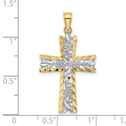 14K Gelb & Rhodium mit und Diamantiert Blume Design Kreuz Charm