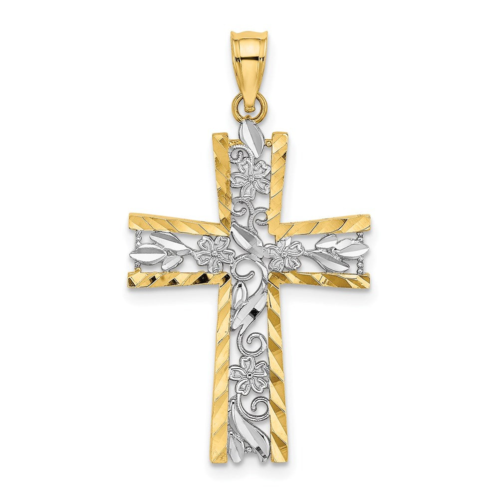 14K Gelb & Rhodium mit und Diamantiert Blume Design Kreuz Charm