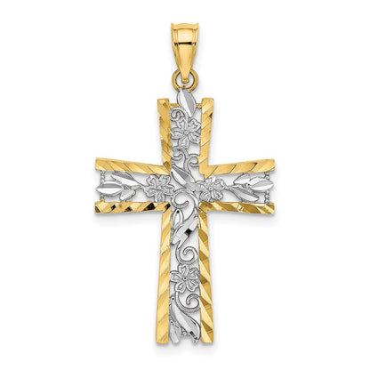 14K Gelb & Rhodium mit und Diamantiert Blume Design Kreuz Charm