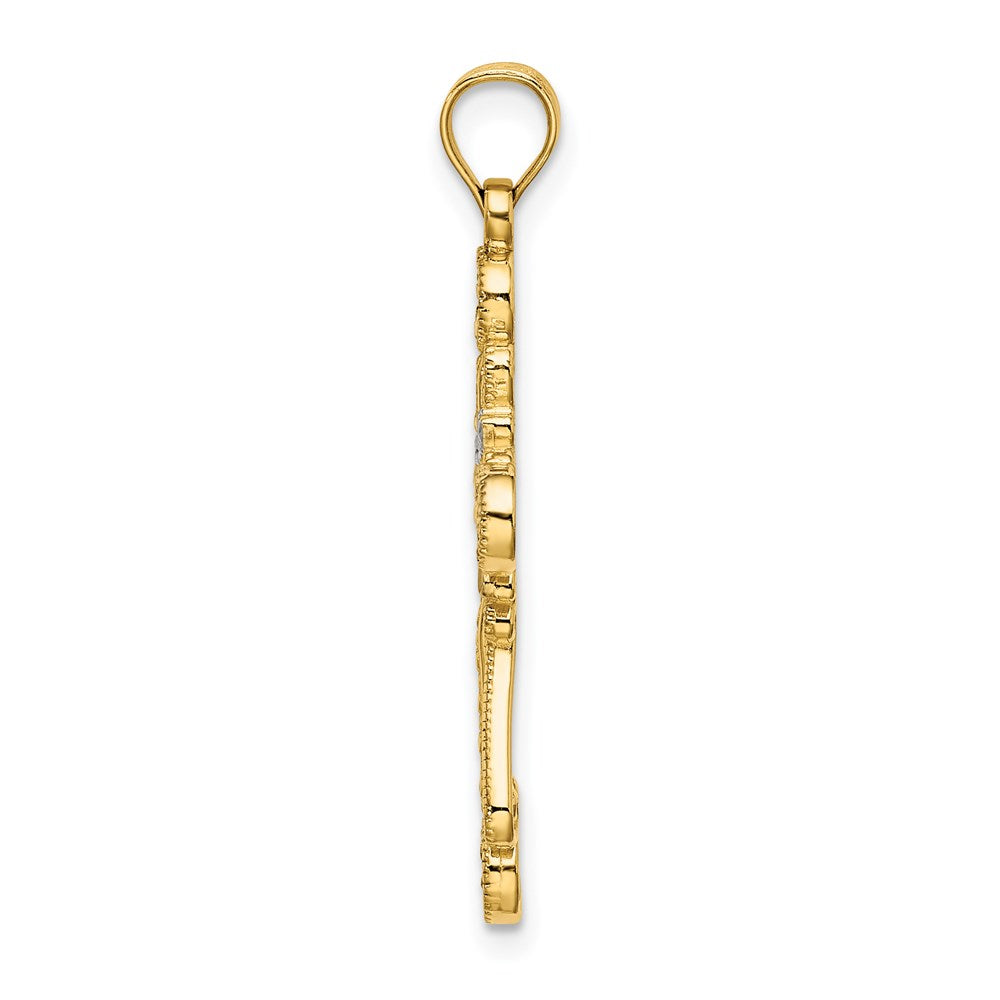 14K Gelbgold & Rhodiumgold mit Rhodium diamantiertem Blumendesign-Kreuz-Charm