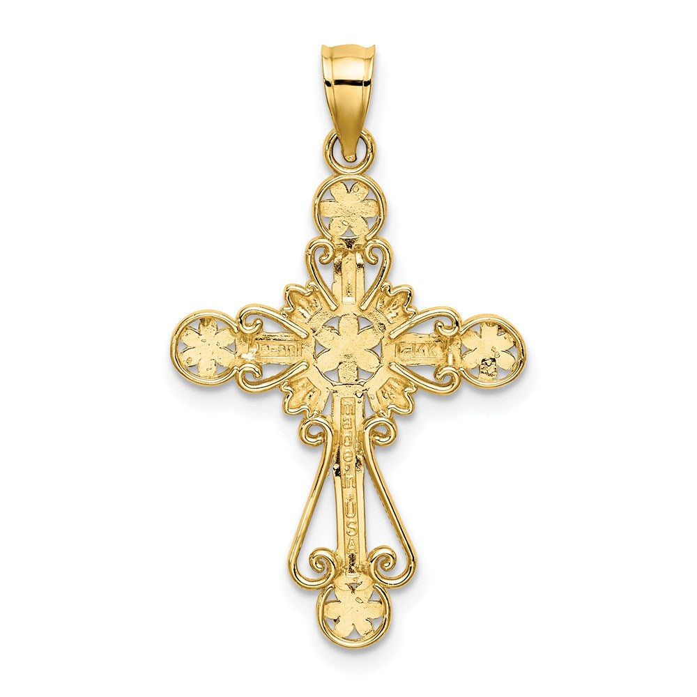 14K Gelbgold & Rhodiumgold mit Rhodium diamantiertem Blumendesign-Kreuz-Charm