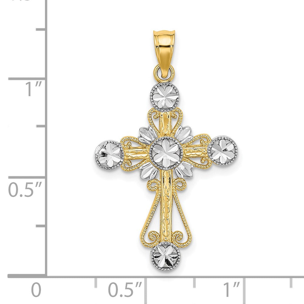 14K Gelbgold & Rhodiumgold mit Rhodium diamantiertem Blumendesign-Kreuz-Charm