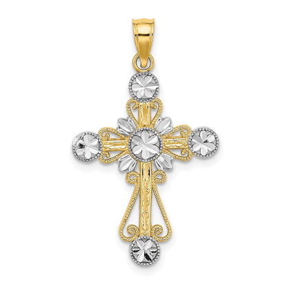 14K Gelbgold & Rhodiumgold mit Rhodium diamantiertem Blumendesign-Kreuz-Charm