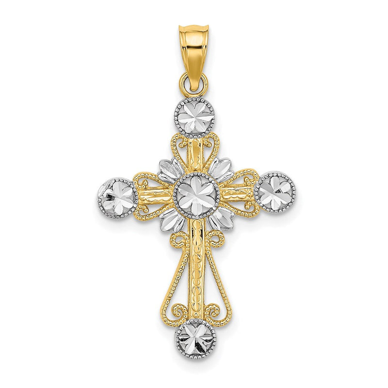 14K Gelbgold & Rhodiumgold mit Rhodium diamantiertem Blumendesign-Kreuz-Charm