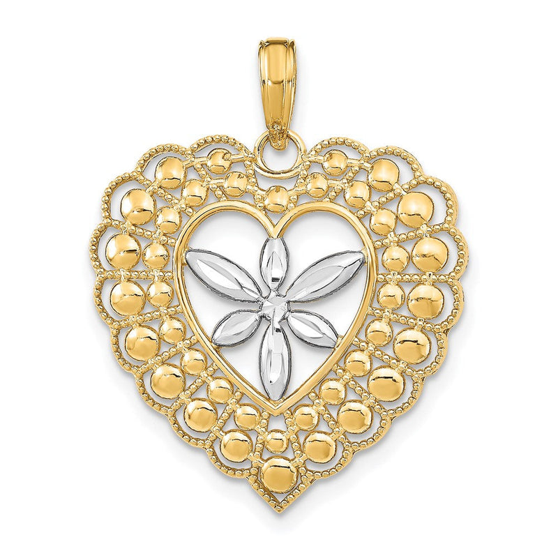 14K Gelb- und Rhodiumgold mit Rhodium-Blumen- und Perlherz-Charm