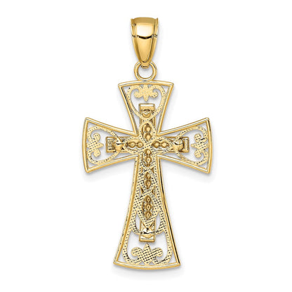 14K Bicolor-Gold 2-D und D/C Perlen-Filigran-Kreuz-Charm