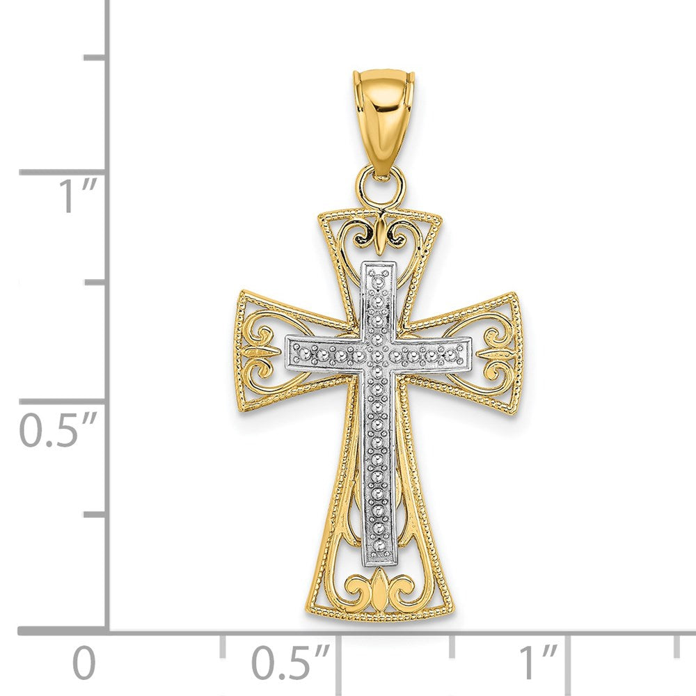 14K Bicolor-Gold 2-D und D/C Perlen-Filigran-Kreuz-Charm