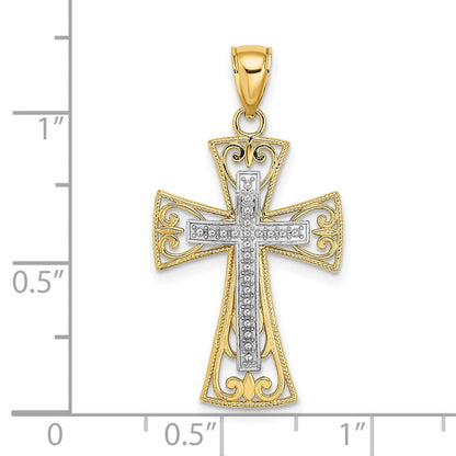 14K Bicolor-Gold 2-D und D/C Perlen-Filigran-Kreuz-Charm