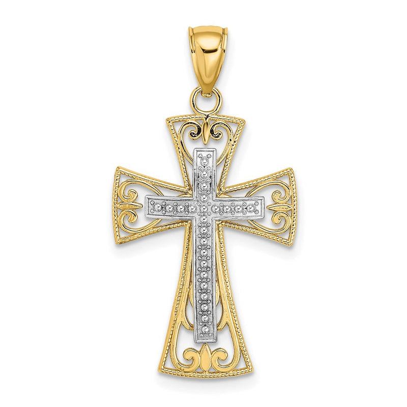 14K Bicolor-Gold 2-D und D/C Perlen-Filigran-Kreuz-Charm