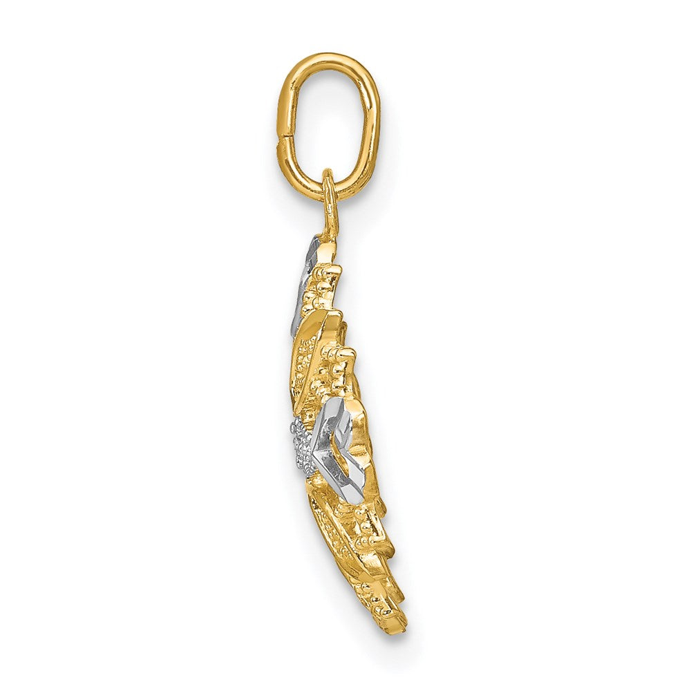 14K Gelb & Rhodium mit Rhodium Mittig Blume und Herz Charm