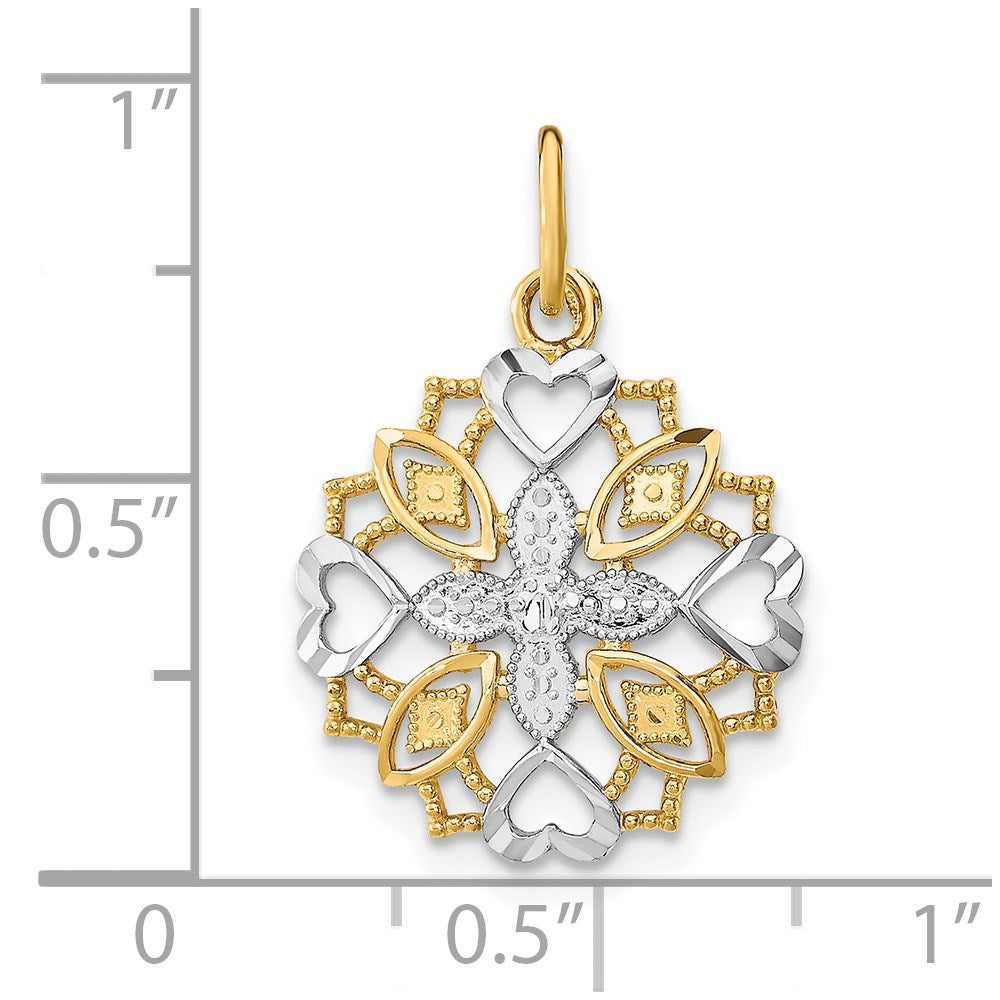 14K Gelb & Rhodium mit Rhodium Mittig Blume und Herz Charm