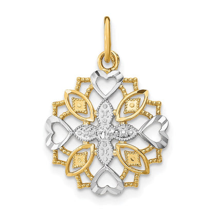 14K Gelb & Rhodium mit Rhodium Mittig Blume und Herz Charm