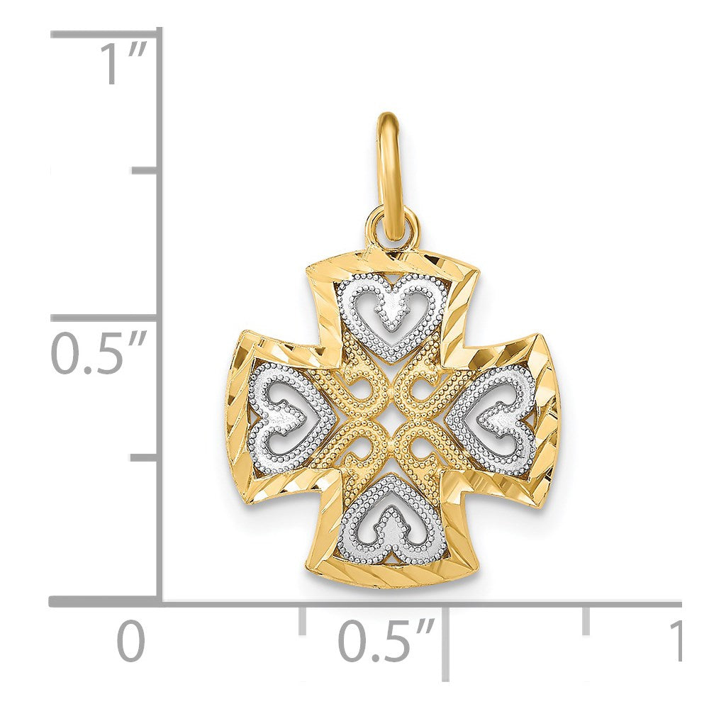 14K Gelb & Rhodium mit Rhodium Herzen und Diamantiert Maltese Kreuz Charm