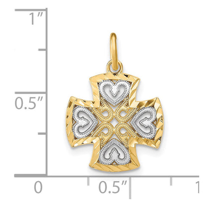 14K Gelb & Rhodium mit Rhodium Herzen und Diamantiert Maltese Kreuz Charm