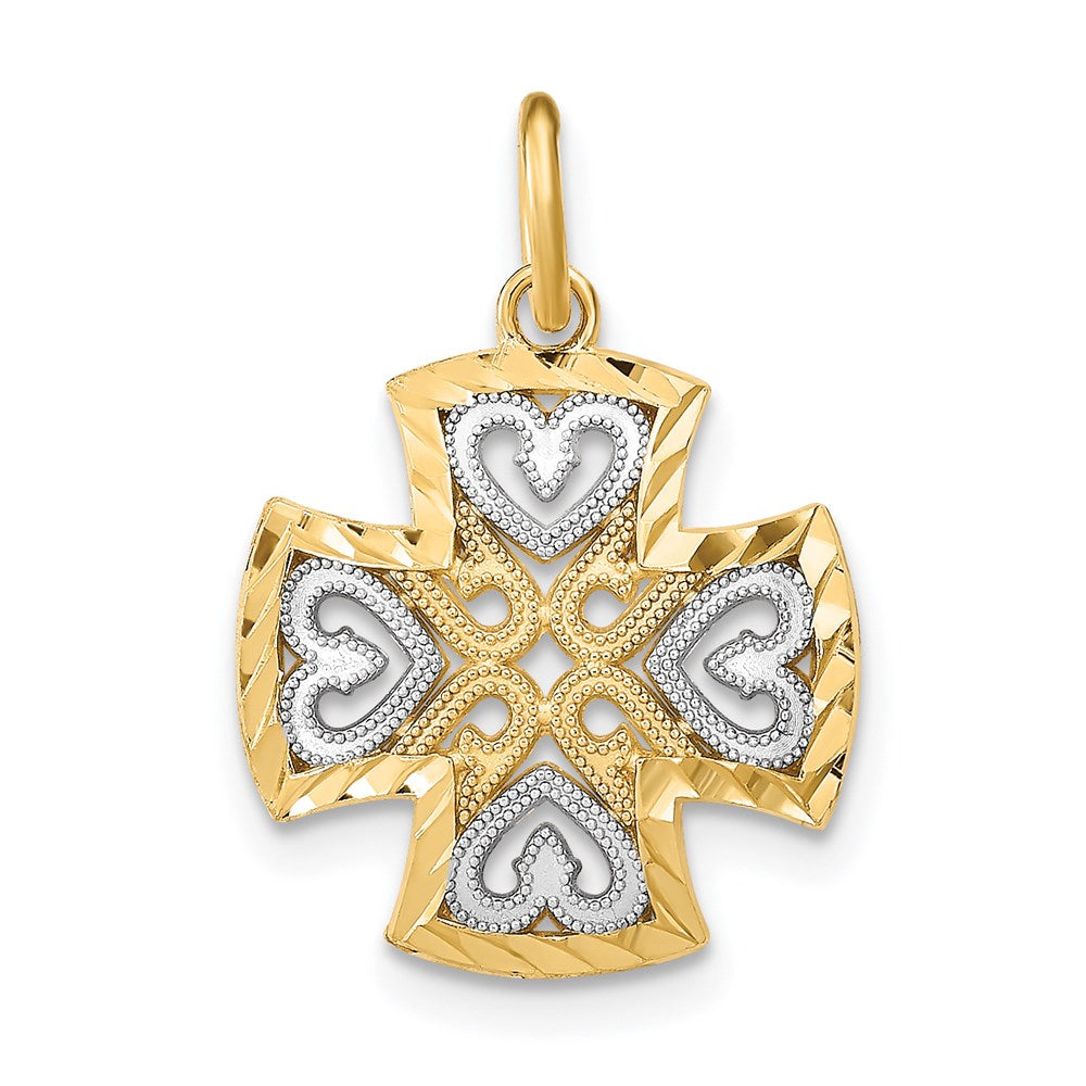14K Gelb & Rhodium mit Rhodium Herzen und Diamantiert Maltese Kreuz Charm