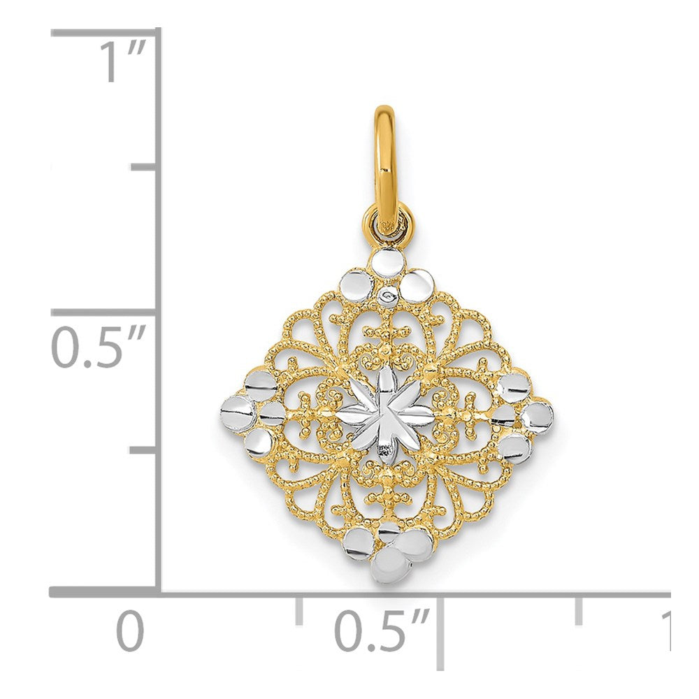 14K Gelb & Rhodium mit Rhodium und Diamantiert Filigran Medallion Charm