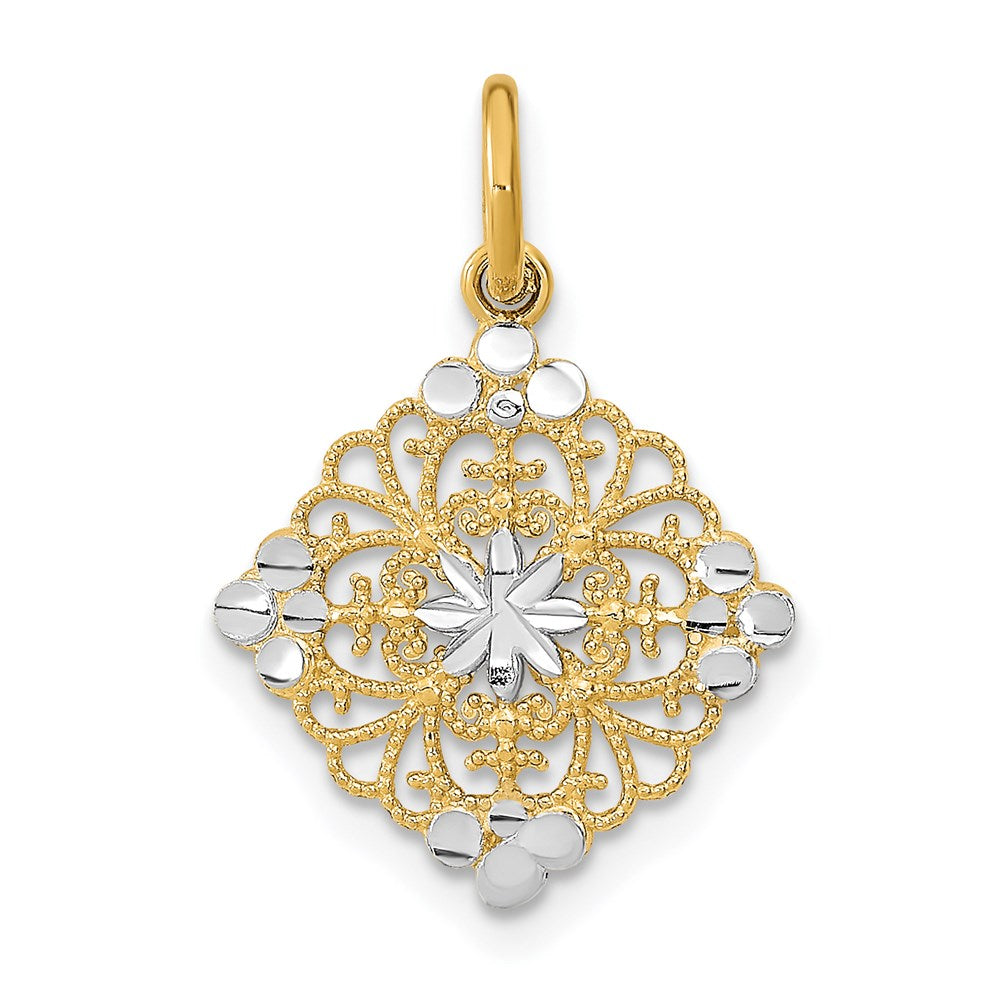 14K Gelb & Rhodium mit Rhodium und Diamantiert Filigran Medallion Charm