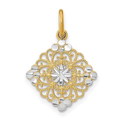 14K Gelb & Rhodium mit Rhodium und Diamantiert Filigran Medallion Charm