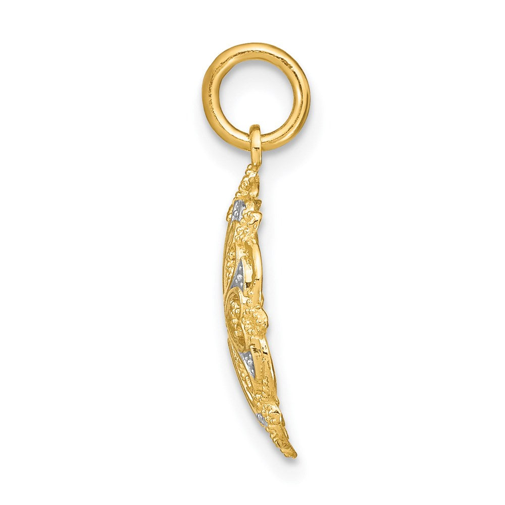 14K Gelb & Rhodium mit Rhodium und Diamantiert Filigran Herz Rund Charm