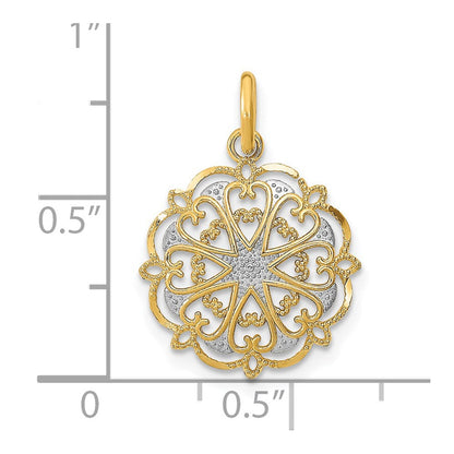 14K Gelb & Rhodium mit Rhodium und Diamantiert Filigran Herz Rund Charm