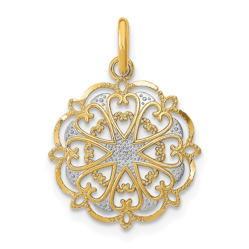 14K Gelb & Rhodium mit Rhodium und Diamantiert Filigran Herz Rund Charm