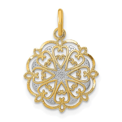 14K Gelb & Rhodium mit Rhodium und Diamantiert Filigran Herz Rund Charm