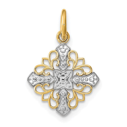 14K Gelb & Rhodium mit Rhodium und Diamantiert Filigran Medallion Charm