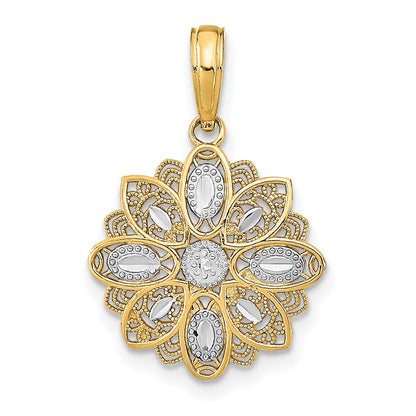 14K Gelb & Rhodium mit Rhodium und Diamantiert Filigran Blume Charm