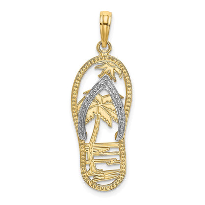 14K Gelb- und Rhodiumgold Charm mit Rhodium, Palme und Flip-Flop