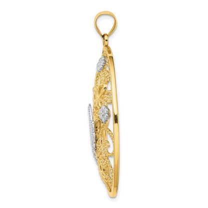 14K Bicolor-Gold (mit Rhodium) Charm mit Schmetterling und Blumen im ovalen Rahmen