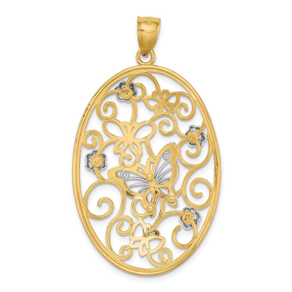 14K Bicolor-Gold (mit Rhodium) Charm mit Schmetterling und Blumen im ovalen Rahmen