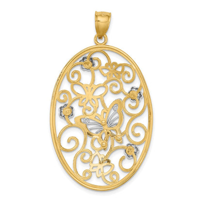 14K Bicolor-Gold (mit Rhodium) Charm mit Schmetterling und Blumen im ovalen Rahmen