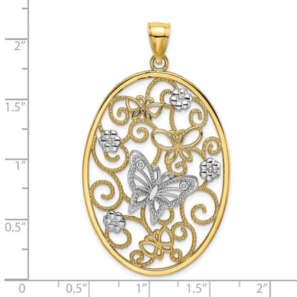 14K Bicolor-Gold (mit Rhodium) Charm mit Schmetterling und Blumen im ovalen Rahmen