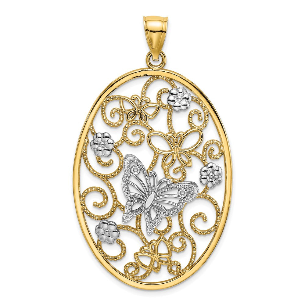 14K Bicolor-Gold (mit Rhodium) Charm mit Schmetterling und Blumen im ovalen Rahmen