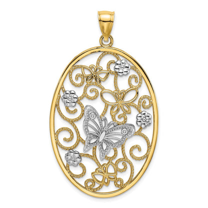 14K Bicolor-Gold (mit Rhodium) Charm mit Schmetterling und Blumen im ovalen Rahmen