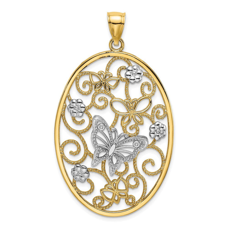 14K Bicolor-Gold (mit Rhodium) Charm mit Schmetterling und Blumen im ovalen Rahmen