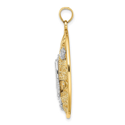 14K Bicolor-Gold Charm mit Rhodium-Beschichtung, Schmetterling und Blumen im ovalen Rahmen